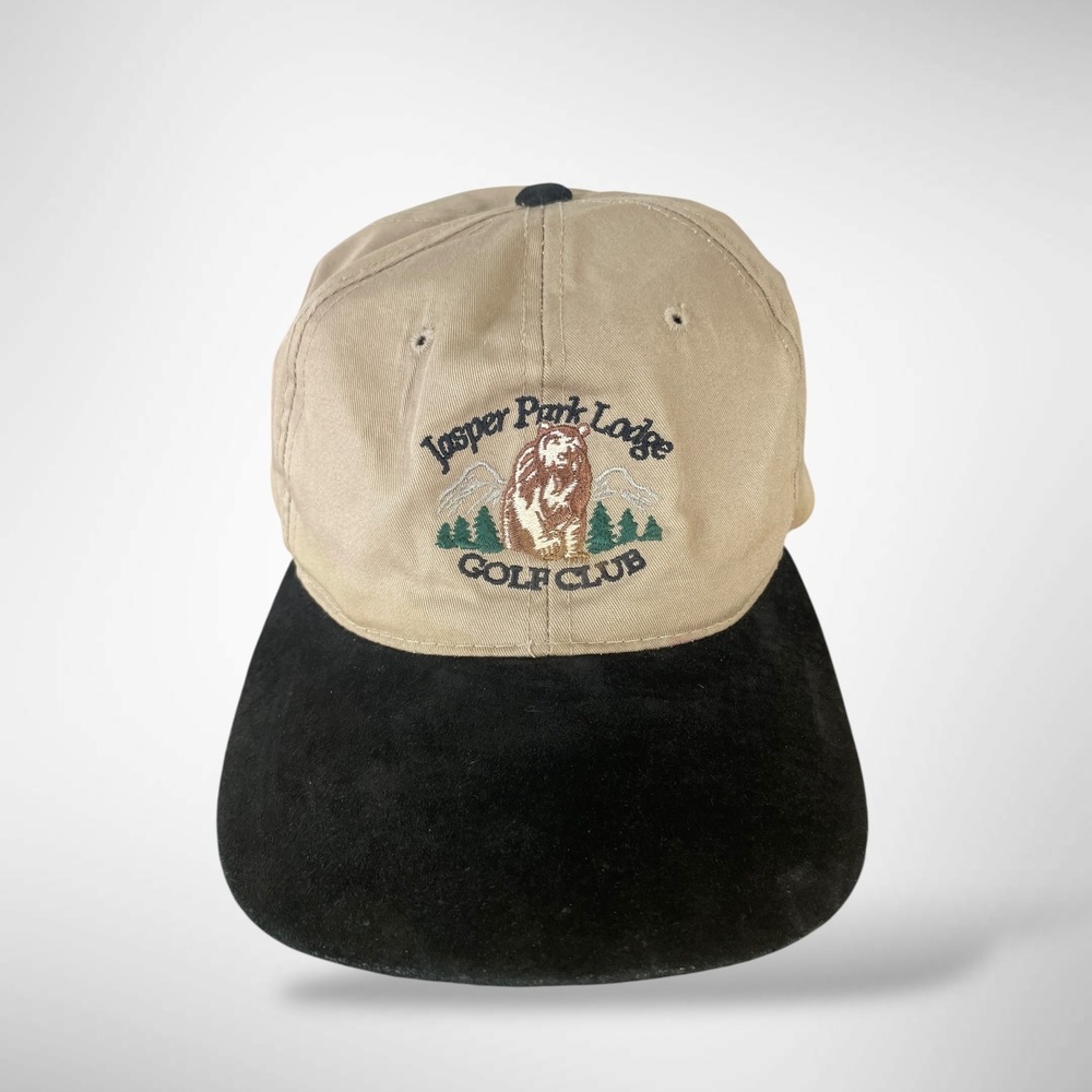 Vintage Jasper Park Lodge Golf Club Hat Canada Bear Logo Tan Black Fletcher Cap